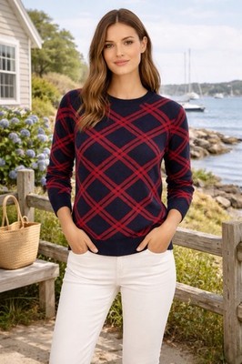 Brooks Brothers Red Fleece Sweater Navy Red Plaid Lattice XL NWT $128