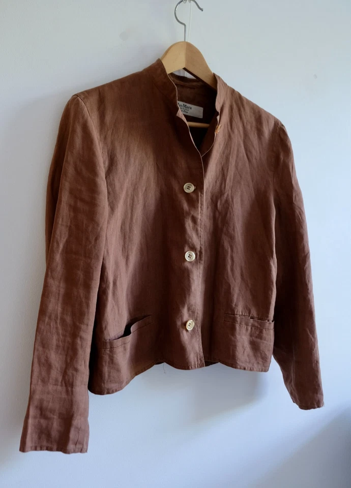 Vintage Max Mara Jacket Women's UK14 Brown 100% Linen Boxy Collarless Pockets - Image 3 of 4