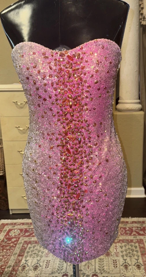La Femme мини без бретелек тела Con выпускного вечера официальное платье блестки розовый серебряный OMBRÉ Sz6 - Изображение 2 из 4