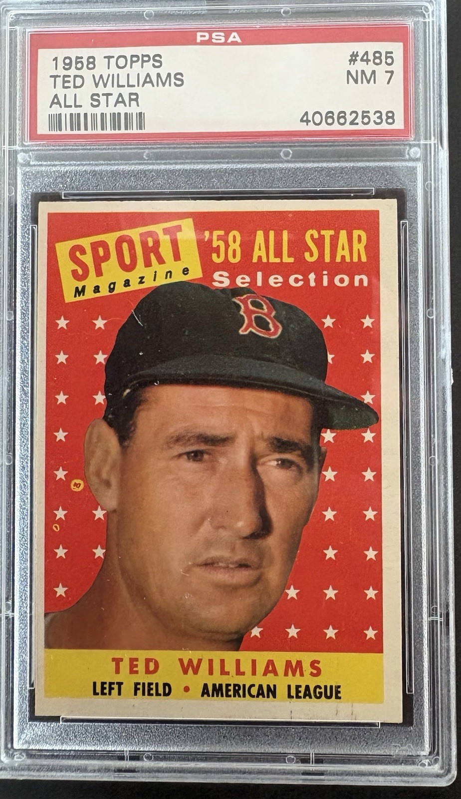 Beautiful 1958 Topps Baseball Ted Williams All-Star Card #485 PSA Graded 7 NM