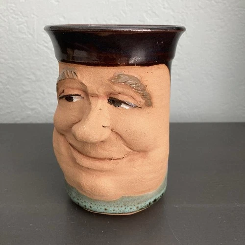 Studio Art Pottery Ugly Face Mug with Sly Bemused Expression Signed by Artist