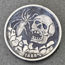 1888 Morgan dollar carved into hobo nickel style coin with skull and spider