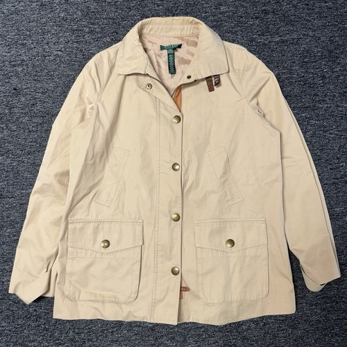 Women’s Ralph Lauren Beige Cotton Khaki Feild Jacket Lamb Leather Trim Sz L