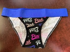 Victoria's Secret PINK Bikini Panties Black Script Logo Blue Elastic Band XS