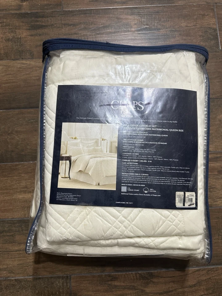 New CHAPS Home Damask Quilted Ivory Full/Queen Coverlet Set 3 Pc - Image 3 of 3