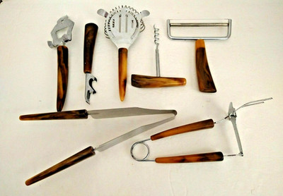 Lot 7 BAKELITE handles STRAINER SLICERs MEAT FORK OPENERs butterscotch marble