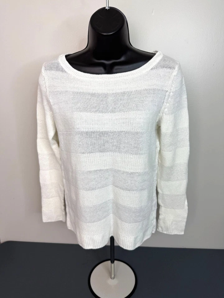 Talbots 女式白色开口针织条纹套衫 100% 亚麻毛衣 M 码 — 第 2/4 张图片