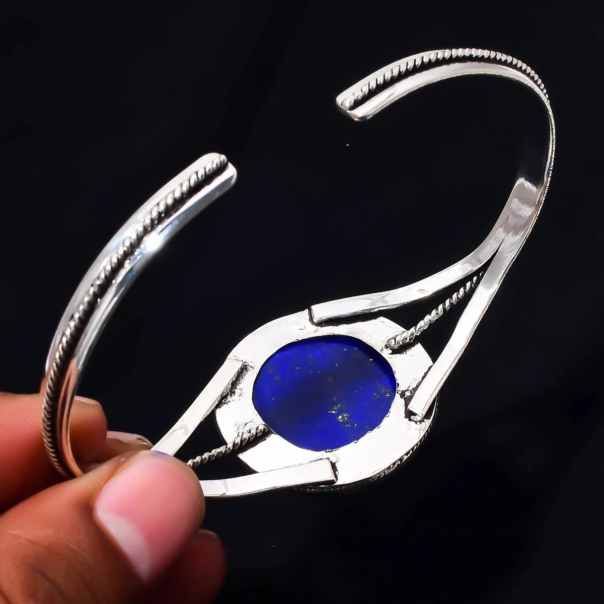 Lapis Lazuli Gemstone 925 Sterling Silver Handmade Bangle Jewelry Gift For