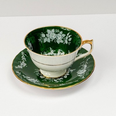 Rare 1930 Aynsley Dark Green Background  & White Roses Tea Cup & Saucer