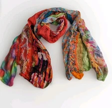 Silk Scarf Textured Colourful Rectangle Abstract 176 X 43cm In Exc Condition 