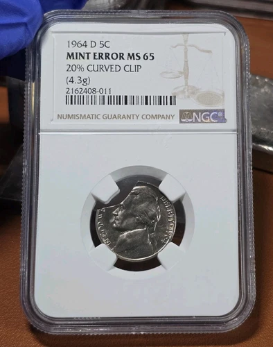 1964 D 5C Jefferson Nickel Mint Error NGC MS65 20% Curved Clip 4.3g Toned