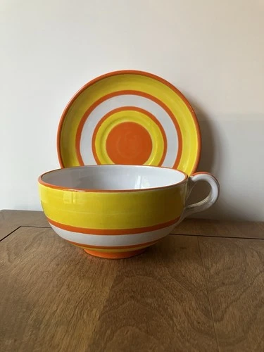 Italian pottery Large cup saucer orange yellow white vintage Italy bowl MCM mod