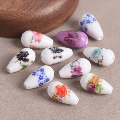 10 Stück Blume Muster 20x10mm Träne Form Keramik Porzellan Lose Perlen
