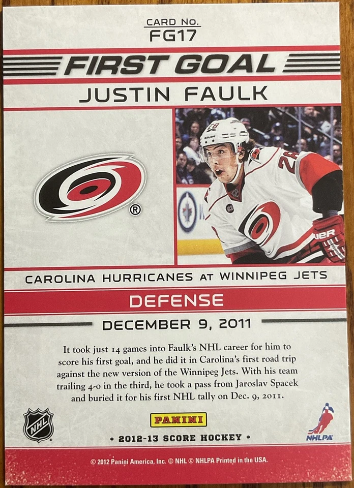 2012-13 Score First Goal Justin Faulk #FG17 Carolina Hurricanes - Image 2 of 2