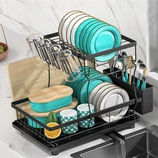 Dish Drainer Dishes Cutlery Dryer Kitchen Accessories 2 Tiers US