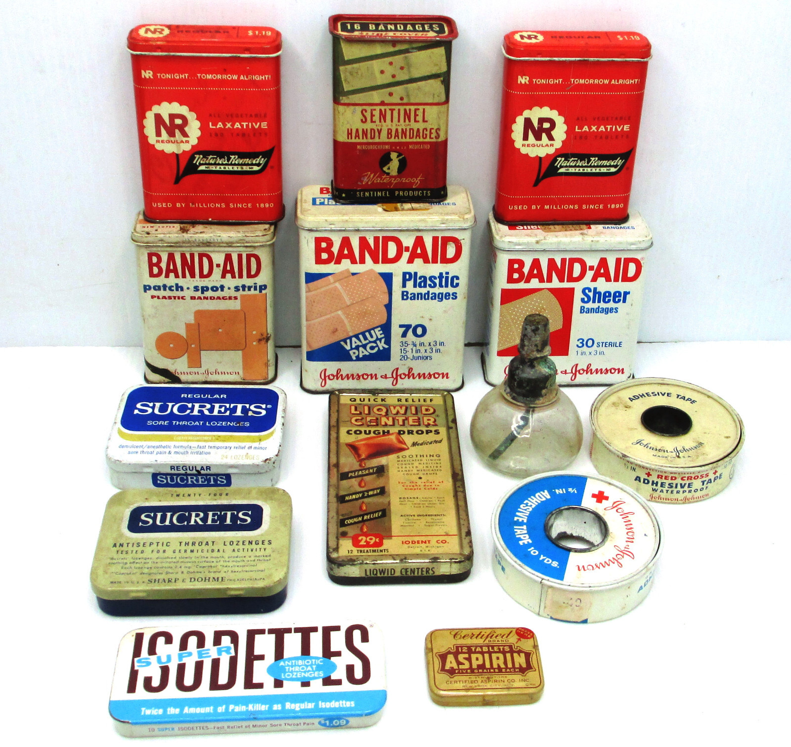 Vintage Medical Tins Bottle Bandaid Pineoleum Sentinel Sucrets Aspirin