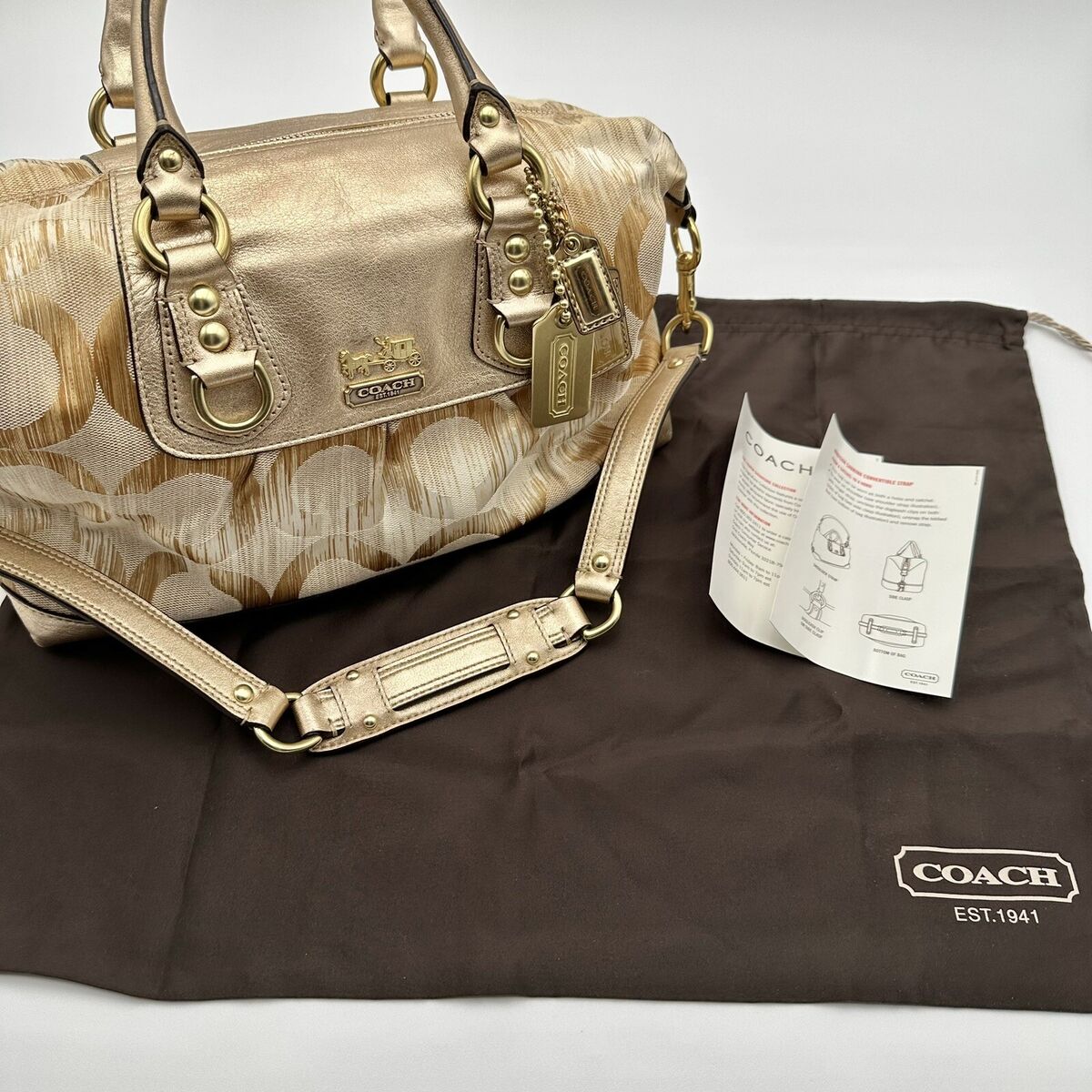 Coach Signature Canvas Gold Leather Hobo Satchel Convertible Coach Signature Canvas Gold Leather Hobo Satchel Convertible