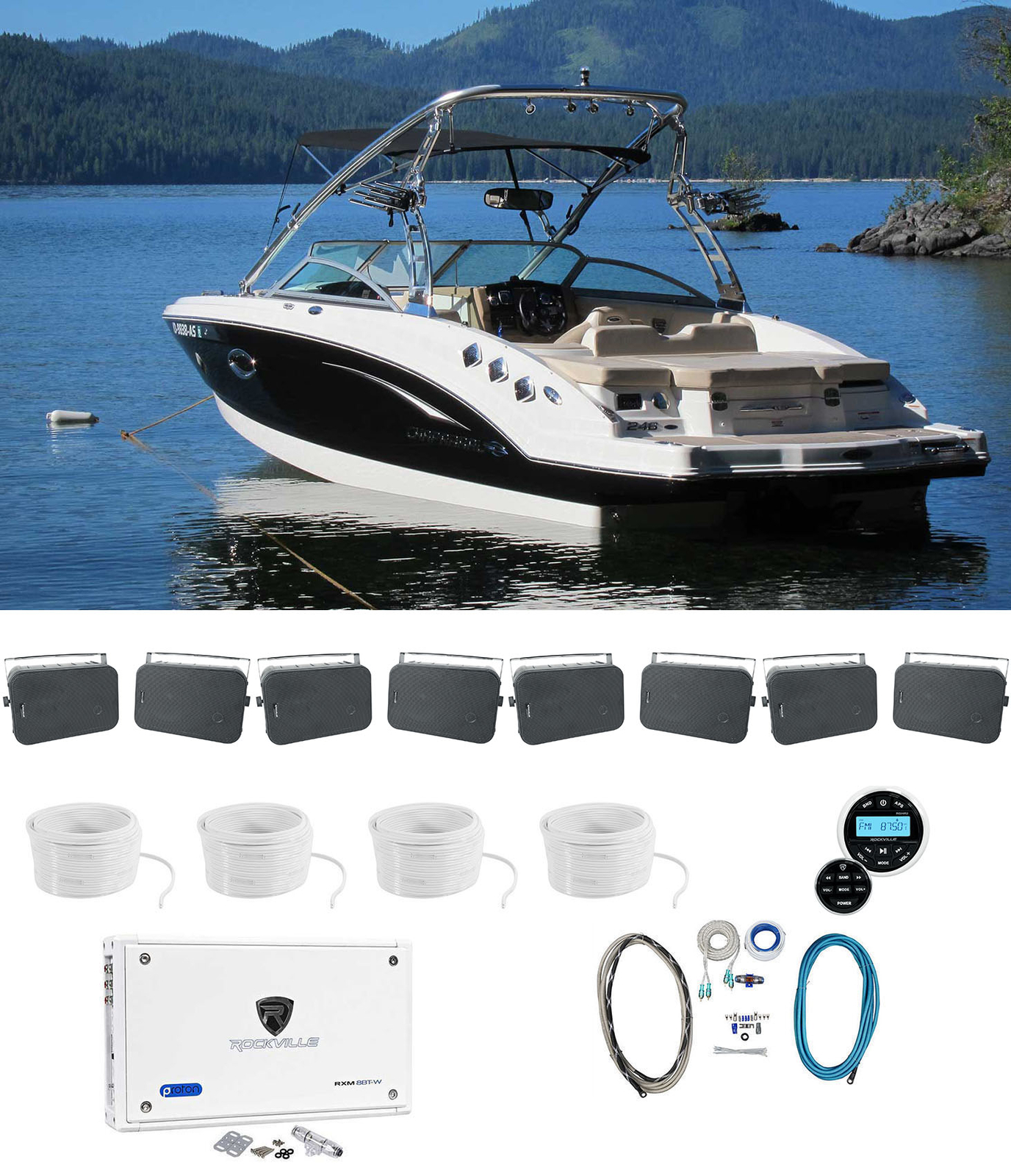Морской Bluetooth-приемник Rockville RGHR2 Пульт дистанционного управления 8 65 Черных лодочных динамиков Усилитель