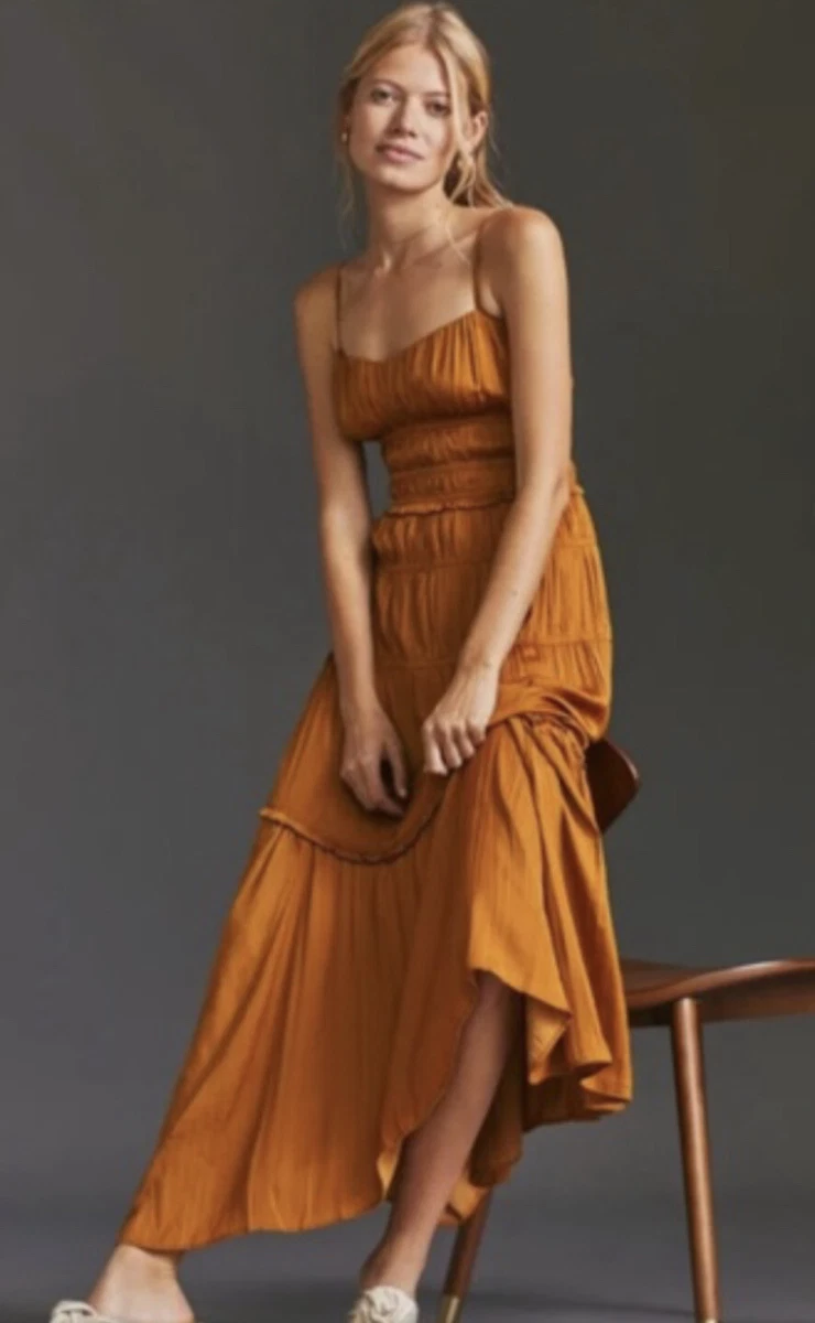 Anthropologie Ruched Slip Midi Dress Satin Tiered Adjustable Straps Gold 14  NWT | eBay