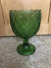 Vintage Emerald Green Pressed Glass Pedestal Compote / Goblet Vase, Harlequin Diamond Pattern with Scalloped Rim — listing 3