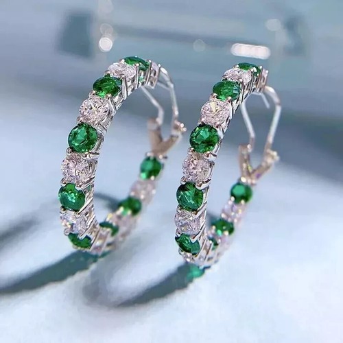 2.20Ct Round Cut Lab Created Emerald Huggie Hoop Earrings 14K White Gold Plated - Picture 4 of 6