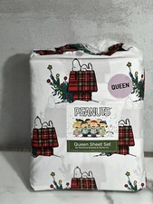 Peanuts Snoopy Woodstock PLAID Doghouse Christmas Tree QUEEN Sheet Set NEW