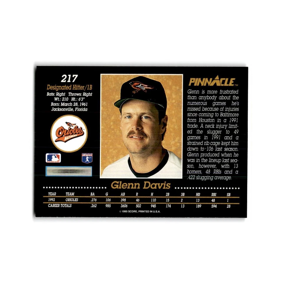 Glenn Davis 1993 Pinnacle #217 Baltimore Orioles Baseball Card NM - Image 2 of 3