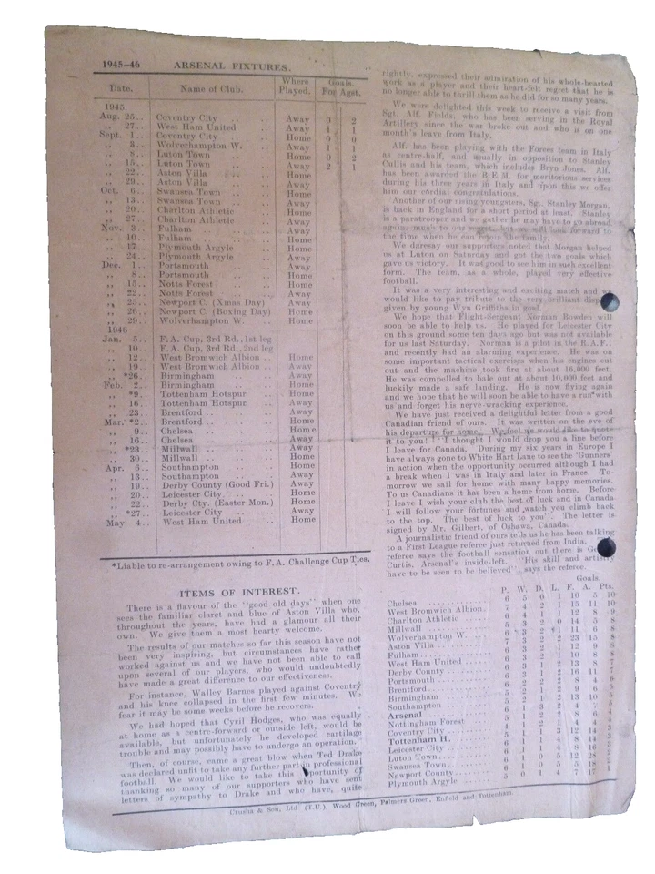 1945/46 Football League South Arsenal v Aston Villa - 22nd September - Image 2 of 2