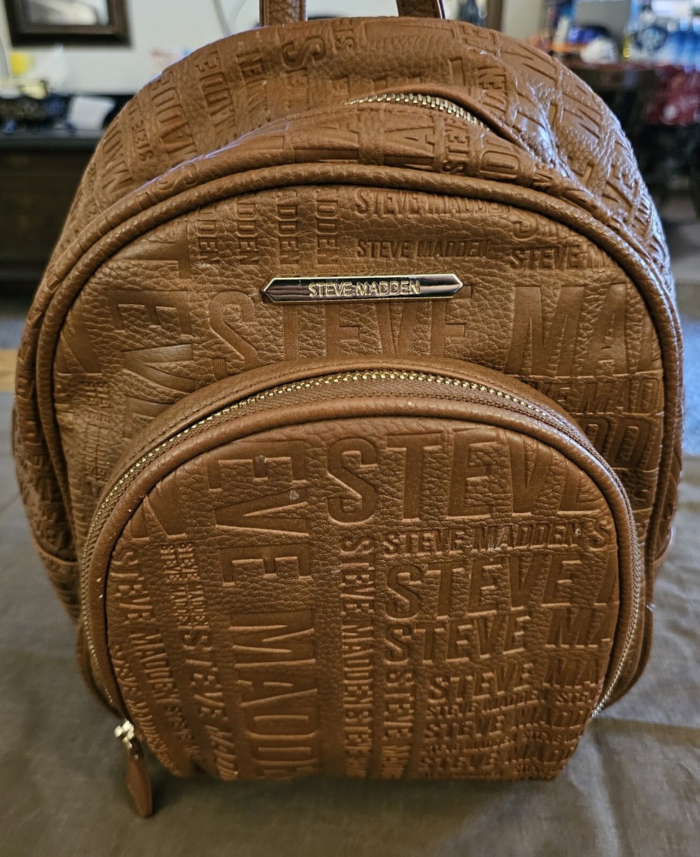 brown leather steve madden backpack Steve Madden Backpack Purse Brown Embossed Logo Faux Leather Women’s