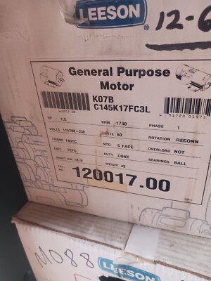 Leeson Electric Motor 120017.00 1.5 HP 1740 Rpm 1PH 115/208-230 V C145K17FC3L