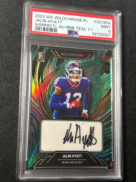 2023 Wild Card Wildchrome PL Rainbow Teal 1/1 Jalin Hyatt PSA 9 Auto Signature view 3