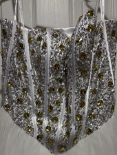 White Gold Sequin Beaded Tulle Long Gown Sweetheart Spaghetti Straps S