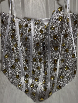 White & Gold Sequin Beaded Tulle Long Gown Sweetheart Spaghetti Straps S
