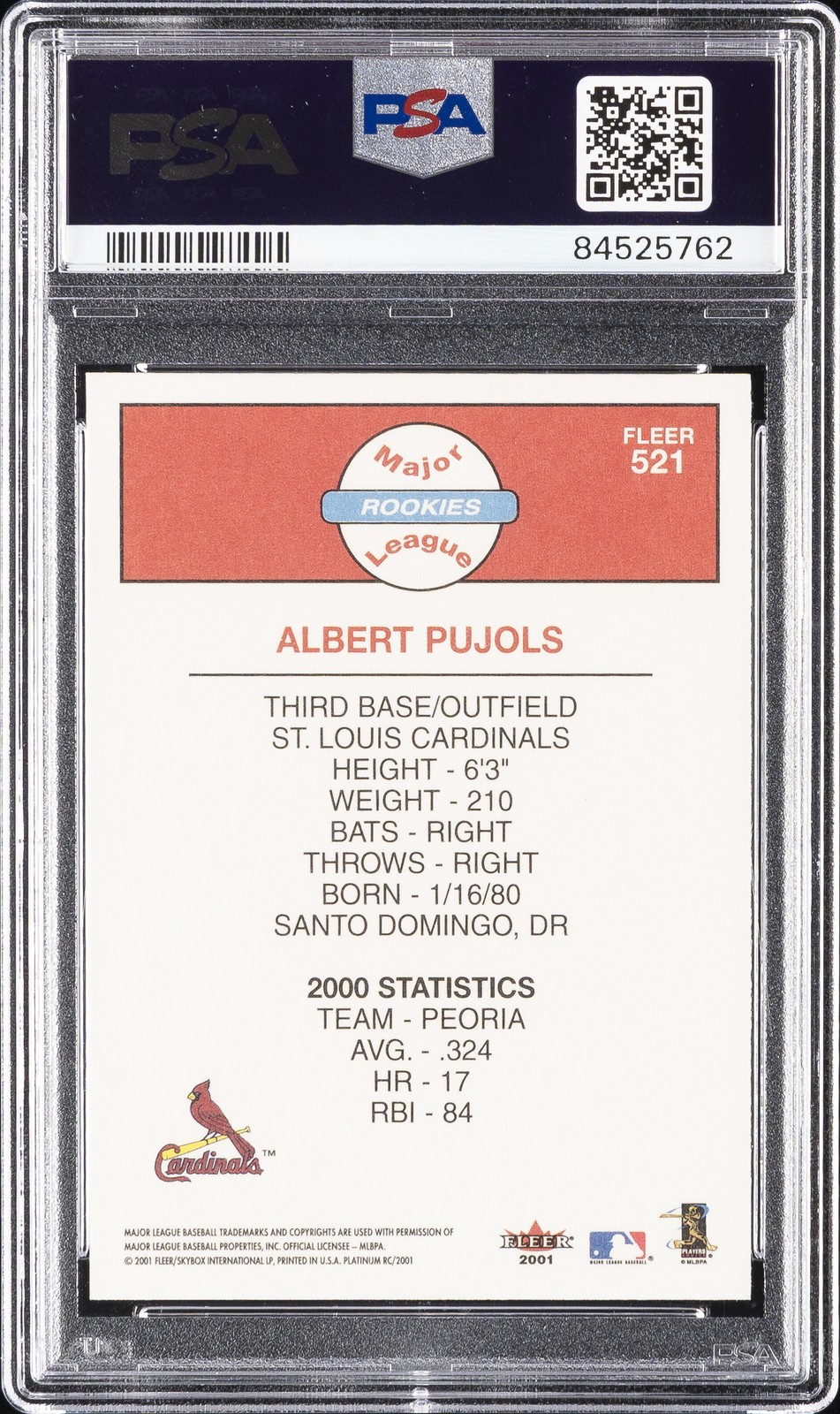 2001 FLEER PLATINUM PLATINUM EDITION #521 ALBERT PUJOLS ROOKIE RC #/21 PSA 9 view 2