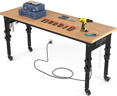 TAUS Adjustable Workbench 60''L X 24''W Mobile Work Bench W/Power Outlets & Wheels