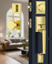 Gold Front Door Handle and Deadbolt Set with Modern Exterior Knob Brushed Bras