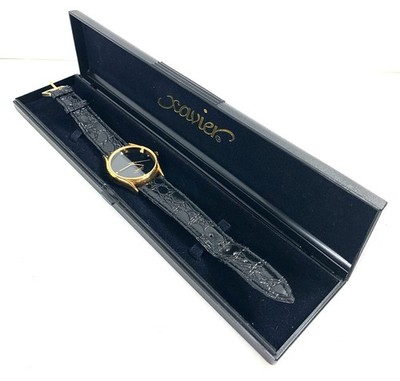 Vintage Xavier Quartz Watch Gold Tone Black Leather Band - New Battery