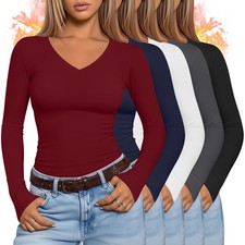 5 Pack Women's Thermal Long Sleeve Shirts Fleece Lined V Neck Tops Slim Fit B...