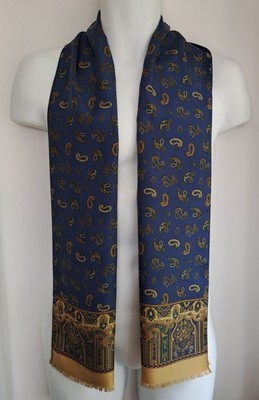 Vintage Herren Fransen Blau Paisley Seide Schal (1389E)