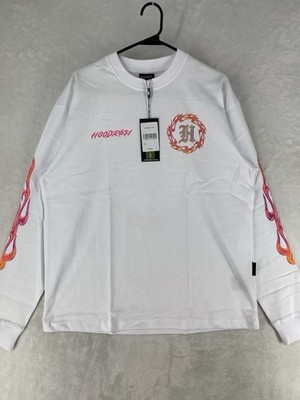 Hood Rich Shirt Mens Small White Red Pink Flames Embellished Logo Graphic LS NEW