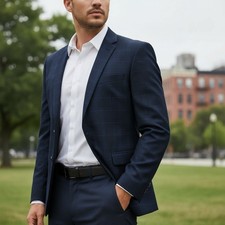 Ermenegildo Zegna Suit Jacket Men 46 L Navy Glen Plaid Bespoke Modern Sport Coat