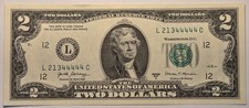 2017 A 2 GEM UNC note with fancy 5 of a kind serial L21344444C