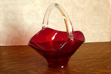 Mid Century Ruby Red Glass Basket / Candy Dish  7" Tall  MCM