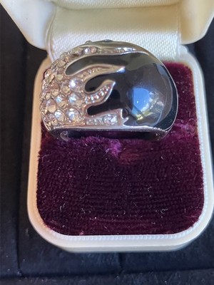 VINTAGE SCHWARZER KUPPELRING STRASS FLAMME COCKTAIL SCHMUCK