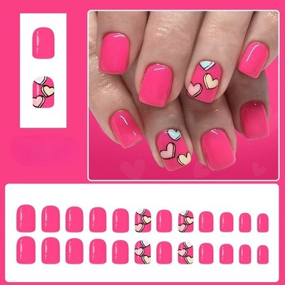 48 Pieces of Short Glossy Square Nail, Rose Red, Sweet and Caring Fake Nail Art
