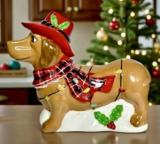 Sleigh Bell Bistro Christmas Cowboy Dachshund Dog Ceramic Cookie Jar NIB