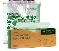 Cleanomic Compostable* Zip Quart Size Food Storage Bags Size, Green 