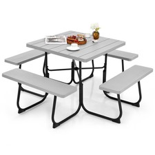 Outdoor 8-person Square Picnic Table Bench Set with 4 Benches  Umbrella Hole