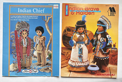 2 Indian & Maiden Crochet Patterns Fibre Craft FCM329 Annie s Attic 8B072 Vntg