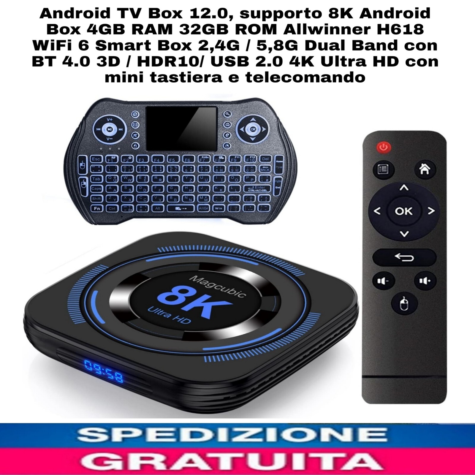 Android TV Box 12.0, supporto 8K Android Box 4GB RAM 32GB ROM Allwinner H618 